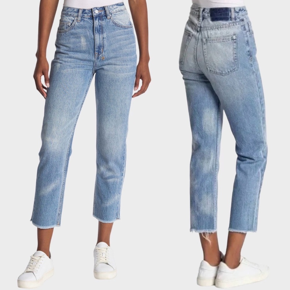 Ksubi CHLO High Waist Straight Leg Jeans Blue Marble Raw Hem Crop 23